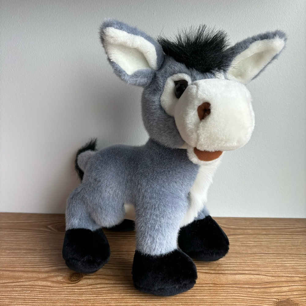 Adorable Vintage Grey Black & White 13” Donkey Plush Stuffed Animal Toy